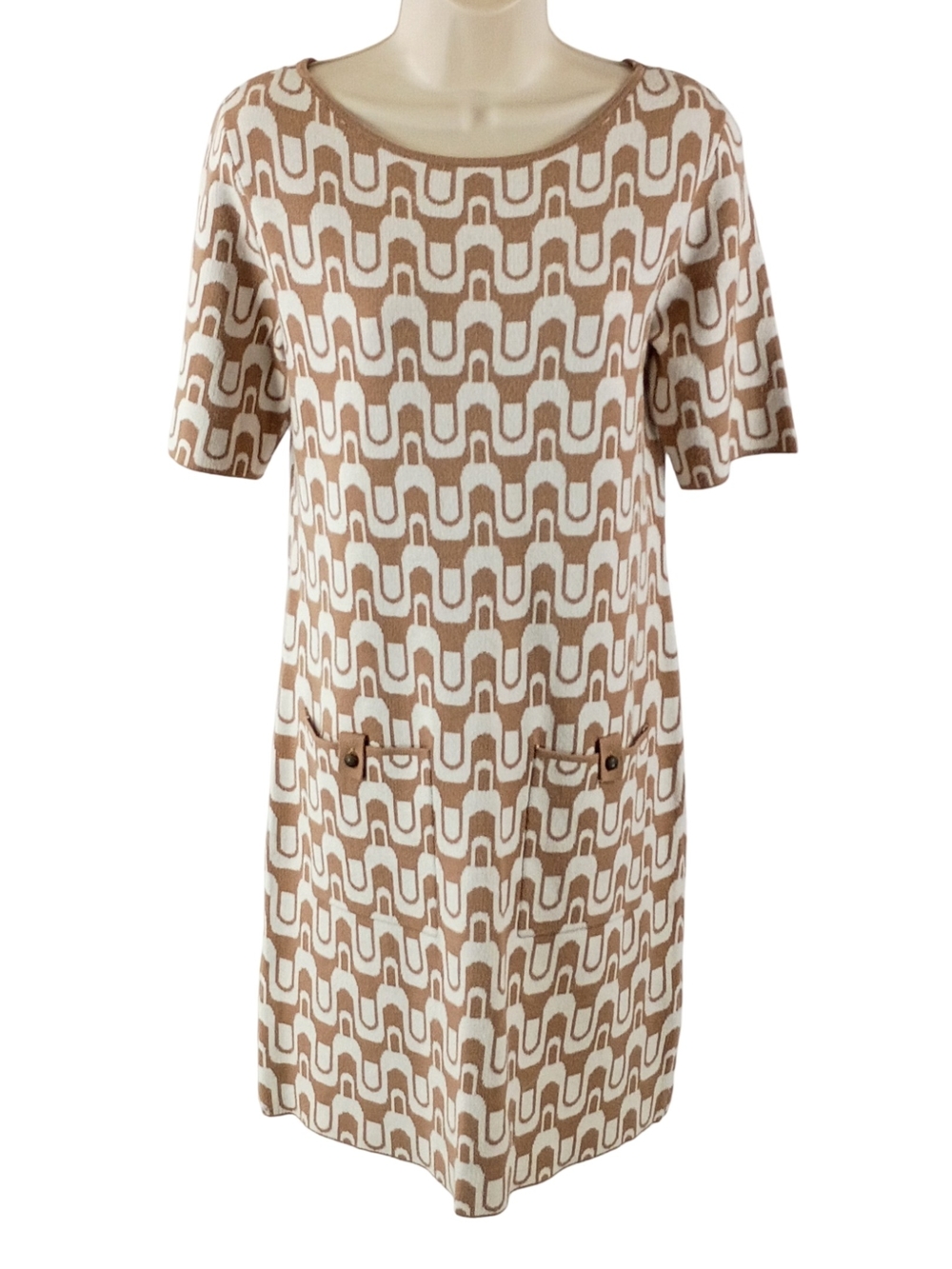 Nicole Miller Beige and Cream Geometric Midi Dress